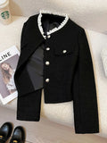 Black Slim Elegant Tweed Jacket Women Vintage Lace Patchwork Long Sleeve Sweet Coat Fall Winter French Casual Retro Tops