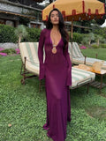 Sexy Hollow Out Ring Link Long Dress For Women Elegant Loose Full Sleeve Backless Maxi Dresses Summer New Vocation Beach Robe