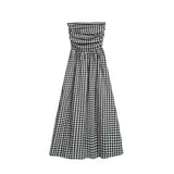 Vintage Plaid Dress Women Summer Korean Elegant Tube Top All-Match Midi Dress Y2K Folds Off Shoulder Holiday Beach Vestidos