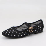 Pbong  Rhinestone Mesh Ballet Flats Women Shoes Summer Breathable Black Elegant Mary Janes Buckle Strap Casual Ladies Shoes Footwear