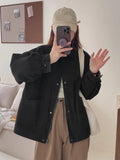 Fall Women Cargo Jacket Loose Preppy Style Long Sleeve Vintage Coat Casual Big Pockets American Retro Solid Bf Outwear Tops