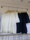 Casual Beige Vacation Spring Summer Outfits Lantern Sleeve Blouse And Short Skirt Two Piece Set 2025 New Top Pleat Skirt Suit
