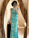 Pbong  Mint Wave een Vaion Strap Fi Tail Long Dr Women's Spring Summer  Print Pleated Waist Cinching Dr