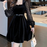Pbong  French Style Square Collar Velvet Dress Women's Autumn New Waist Cinching Slimming Dress New Long Sleeve Mini Dress