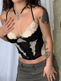 Contrast Lace Patchwork Black Goth Y2K Camisole Women Front Ruched Back Cross Slim Cute Mesh Crop Top