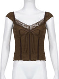 Lace-up Lace Patchwork Y2K Top Short Sleeve Summer Casual Cute Clothes Vintage Tank Tops Coquette T-shirt Women Tees