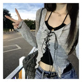 Two Piece Set Lace-up Cardigan with Cami Women's Sexy Slim Y2K Crop Long Sleeve Criss Cross Knit Tops Korean Acubi Outfit