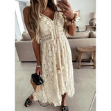 Pbong  Women's Summer Boho Aesthetic Floral Lace Irregular Dress Tassels Deep V Neck Sleeveless Versatile Beachwear Sundress