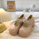 Pbong  Pink Thick Bottom Mary Jane Shoes Women Autumn New Sweet Pumps Fashion Pearl Retro Thick High Heel Loafers Women's Shoes