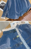 Fashion Lace Denim Shirt Women Clothing Autumn/Winter Retro Loose Casual Jackets Ruffled Collar Long Sleeve Blouses Women Tops