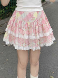 Pbong  Retro Floral Cute Skirts Women High Waist Sweet Japan Mini Skirt Casual Lace Patchwork Vintage Female Elegant Kawaii Skirt