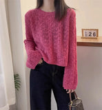 Cable Knit Crop Sweater for Women Long Sleeve Crew Neck Pullover Boxy-fit Plain Jumper Teen-girl Fall Winter Y2K Outfit