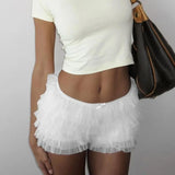 Pbong  Women's Y2K Multi-Layers Ruffle Sheer Shorts Sexy Elastic Low Waist Bow Lace Shorts Woman Sweet Cute Fairy Mini Short Pants New