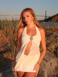 Absobe Halter Tie-Back Sheer Mesh Patchwork With Metal Accents Tank Top Backless Y2K Vest For Women Chic Streetwear Blouse