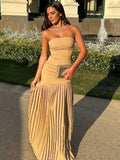 Women Solid Pleated  Hem Patchwork Long Dress Fashion Backless Strapless Sleeveless Slim Maxi Dresses Sexy Vocation Streetwear