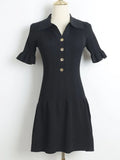 Lapel Ruffle Kintting Short Dress For Women Elegant Fashion A-line Summer Dress Metal Button Solid Chic Femme Vestidos 2025 New