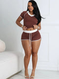 Sporty Casual Women 2 Piece Set Tracksuit Stretch Polo Neck Crop Tops+Wide Waist Shorts Fit Matching Streetwear Outfits