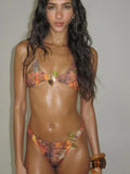 Metal Buckle Patchwork 2 Piece Set Women Fashion Print Lace-Up Halter Bra+Skinny Briefs Vacation Beach Party Outfits