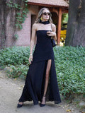 Women Elegant Solid Mesh Maxi Dress Sexy Backless Sleeveless With Scarf Slim Fits Long Robes New Evening Party Club Dresses