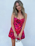 Pbong  Floral Sexy Chic Strappy Mini Dresss Halter Sleeveless Backless Ruffles Red Holiday Women Ladies Party Dresses Vestido
