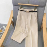 Elegant Summer Casual Pants Women Fashion Solid Color Sashes  Slim Straight Trousers Chic Business Mujer Retro Belt Korean Style