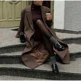 Brown Shoulder Pad Woolen Overcoat Women Elegant Lapel Single-breasted Long Sleeve Coat 2025 Autumn Lady Commuter Outerwear