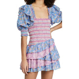 mixed floral prints ruffled party dress puff sleeve square neck smocked sexy laides dress mini chic summer dress
