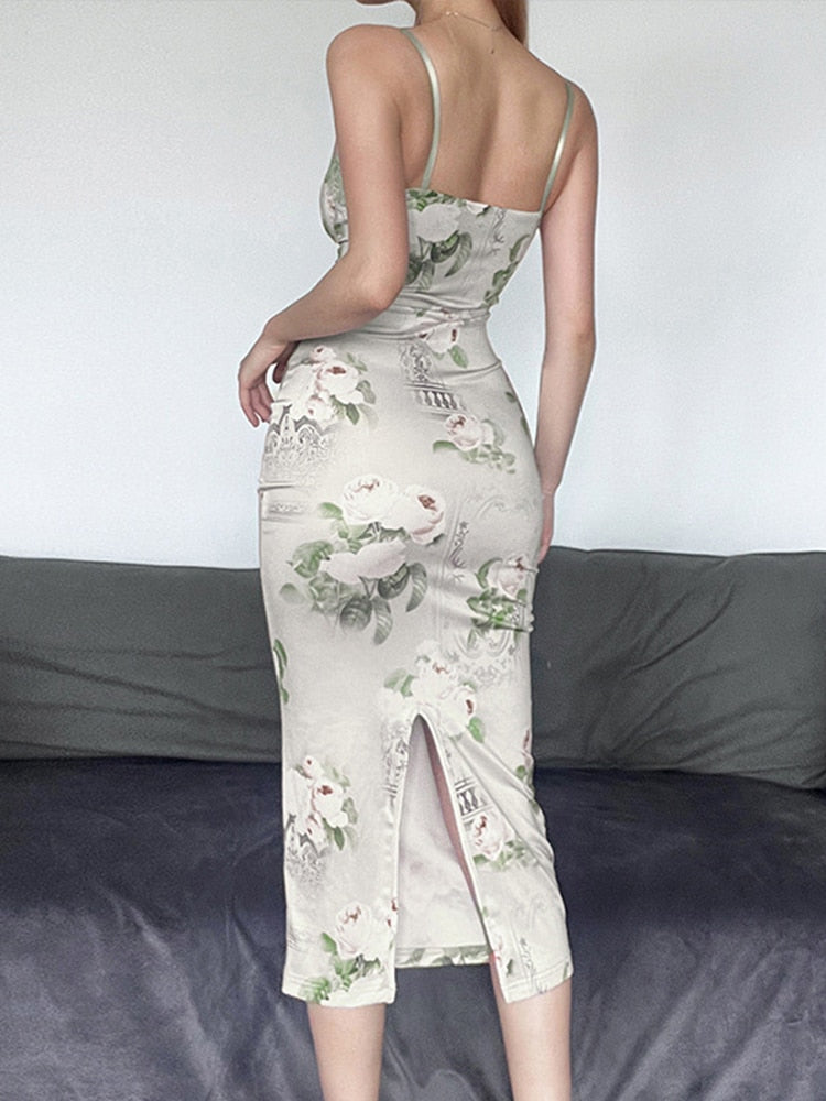 Summer Soft Printed Back Slit Dress Woman Fashion Sleeveless Backless Slim Midi Vestidos Female Elegant Bodycon Dresses