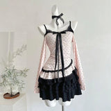 2000s French Elegant Slim Sexy 2 Piece Dress Sets Y2k Long Sleeve Sweet Dot Tops + One Piece Dress Korean Harajuku Autumn Suits