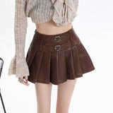 Vintage Brown Leather Skirt Women Y2k Sexy Gothic Pleated Mini Skirt Black Punk Grunge Retro Short Skirts Streetwear