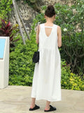 Pbong  French Style White Backless V-Neck Sleeveless Dress Summer Season Loose Waist A-Line Long Dress Backless Design Special Atmos...