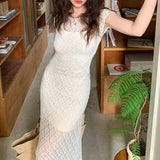 Lace Embroidery Chic Long Dress With Slip Dress Beige Slim Fashion Summer Dress Short Sleeve Vacation Women Dress 2025 New
