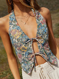 Women Vintage Floral Tie Front Floral Print Halter Neck Tank Top Y2k Sleeveless Backless 00s Retro Aesthetic Top Streetwear