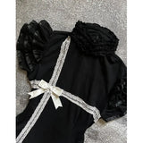 Pbong  French Vintage Black Lace Dress Women Sweetheart Ruff Sleeve Slim Dress Patchwork Harajuku Y2K Summer A Line Mini Dress