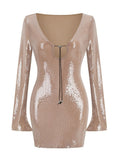 Sexy V Neck Lace-up Sequins Mini Dress Women Silver Gray Sequined Sheer Boaycon Dress Spring Elegant Party Evening Club Dresses