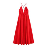 Red Backless Vacation Long Dress 2025 New Solid Color Sleeveless Beach Slip Dress Vestidos Fashion Chic Simple Woman Clothing