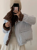 Winter Retro Puffy Parkas Women Warm Thick Plaid Patchwork Cute Coat Casual Preppy Style Korean Long Sleeve Cotton Jackets