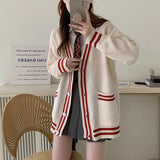 Women Cardigan Sweater Varsity Striped Front Pocket Long Sleeve Button-up Knit Sweater Jacket College Student Girl Preppy Style