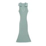 Fashionslim fit V-neck sleeveless long dress turn down collar tight green knitting summer dress simple casual female clothing