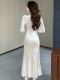 Women Autumn French Vintage Velvet Long Sleeve Mermaid Prom Dress Style Elegant Slim Bodycon Evening Party Clothes Vestidos New
