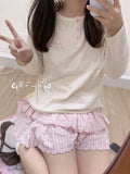 New Japanese Harajuku Sweet Pink Plaid Cake Skirt Women Cute Kawaii Lolita Embroidered Elastic Waist Pleated Short Skirts