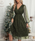 Pbong  Women's Elegant V-neck Slim Fit Solid Color Dress Patchwork Mesh Perspective Powder Spray Party Dress Formal Evening Gown