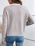 Women's Lace V-neck Long Sleeve Knitted Sweater Autumn Winter Warm Fashionable Knitwear for Ladies