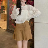 Long Sleeve Pointelle Knit Top Women Sheer Openwork Boxy-fit Crew Neck Pullovers Sweater Female Teen-girl Boho Vacation Outfit