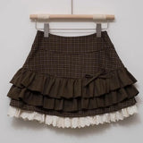 Brown Women Plaid Skirts Kawaii Lolita Sweet Mini Skirts Vintage Lace Patchwork Cute Fashion High Waist Layered Skirt
