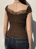 Lace-up Lace Patchwork Y2K Top Short Sleeve Summer Casual Cute Clothes Vintage Tank Tops Coquette T-shirt Women Tees