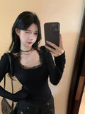Moda Sexy Fairy Patchwork Lace Halter Fashion U Neck Shirt American Vintage Print Harajuku Crop Top Y2k Aesthetic Blackless Tee