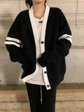 Varsity Cardigan Sweater for Women Long Sleeve V-Neck Button-up Knit Slouchy Cardi Korean School-girl Preppy Fall Winter Outfit
