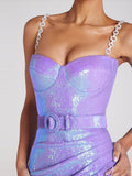 Sexy Feather Sequins Sling Dress For Women Sleeveless Backless Dresses With Belt Summer Female Evening Party Club Vestidos