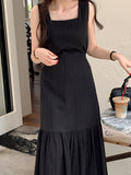 Pbong  Faionable Summer  Women's Bla Long Vest Dr Slimming Waist Design Square Collar Comfortable Korean Sle Commute